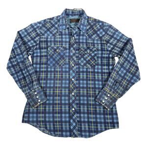 Vintage Border Town Blue Plaid Western Pearl Snap Flannel Shirt Distressed M